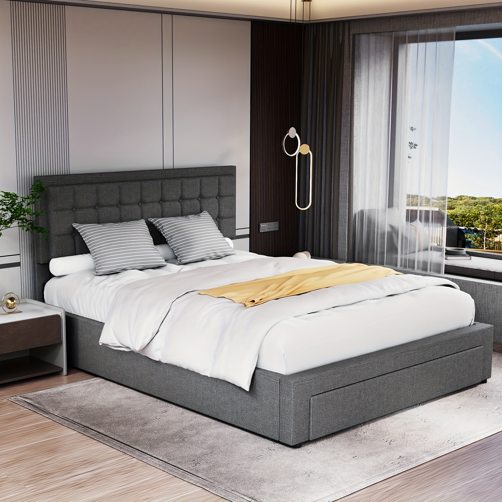 Modern Minimalist Pneumatic Storage Soft Upholstered Bed, 140×200cm Double Bed Frame With Footboard Drawer And Comfortable Backrest, Space- Bedroom Furniture