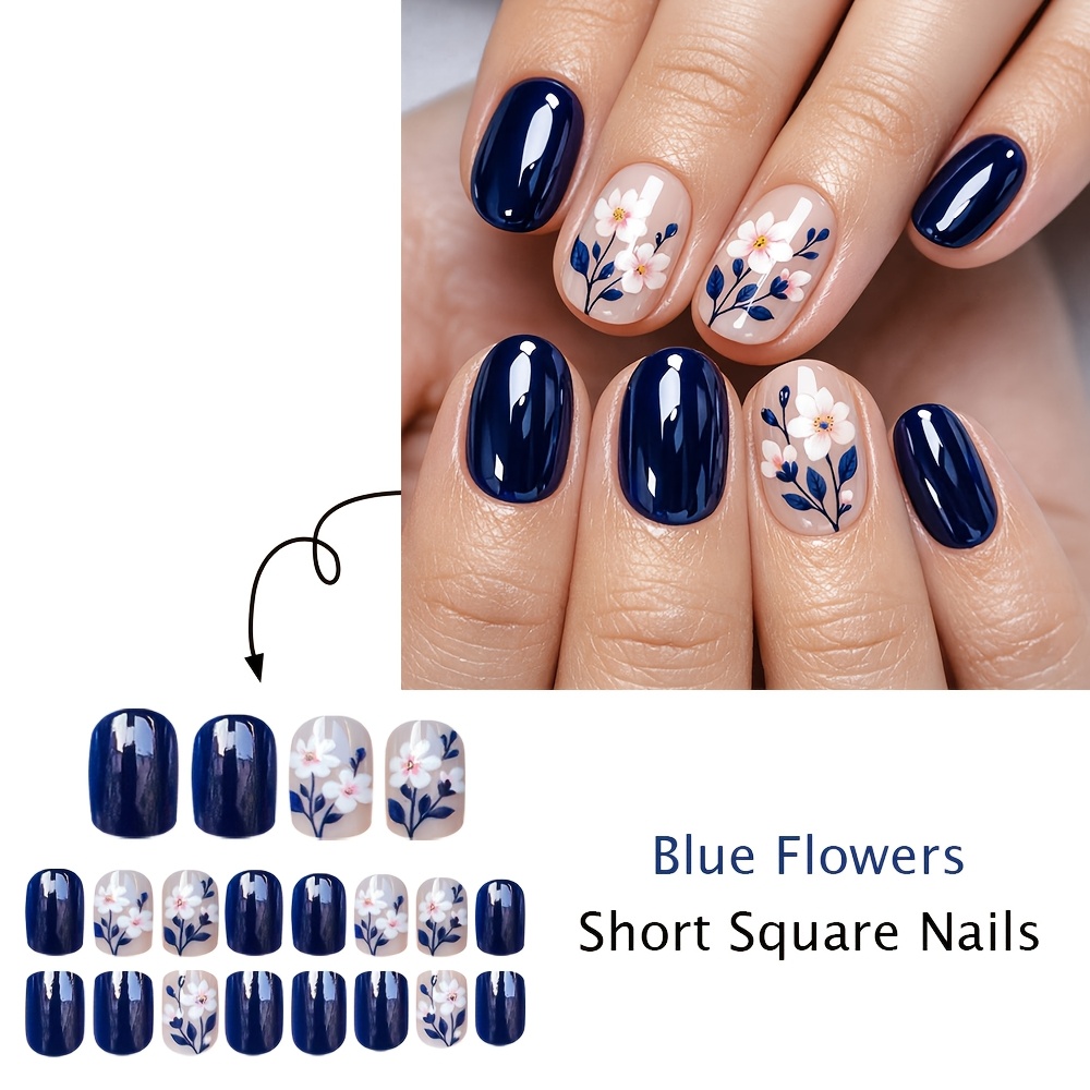 E-shop 24 Stück Kurze Quadratische Aufdrück-Nägel, Frühling Sommer Dunkelblaue Gänseblümchen-Blumen Design Glänzende Vollständige Abdeckung