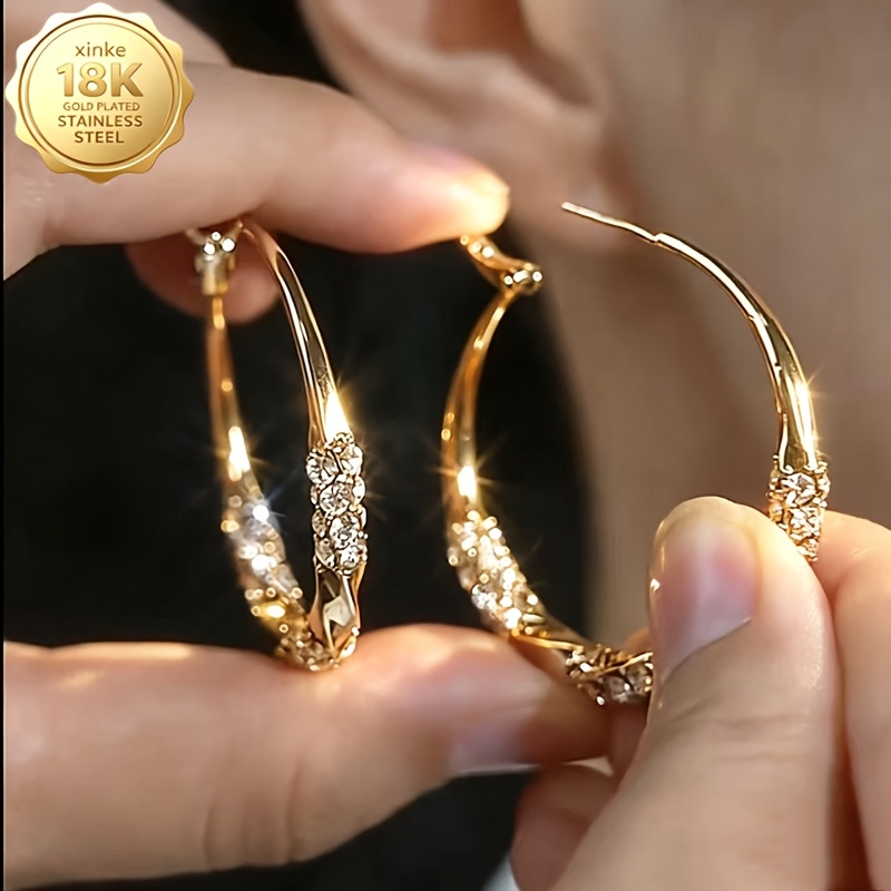 TEMU Orecchini premium placcati in oro 18K con in metallo e zirconi sintetici, design versatile e , per orecchie eleganti e minimalisti, gioielli