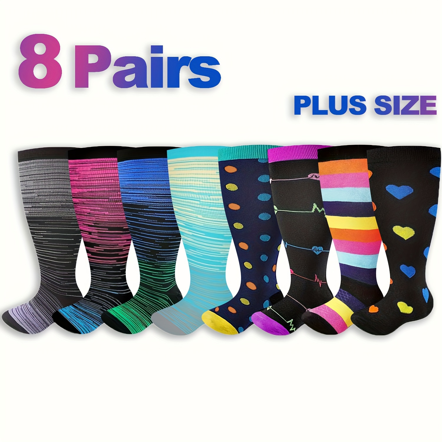 

8 Pairs Plus Size Socks For - Knee-high Support, Ribbed Cuffs, Striped & Heart Patterns, Ideal For Work, Travel, Pregnancy & Maternity, Hand Wash Only