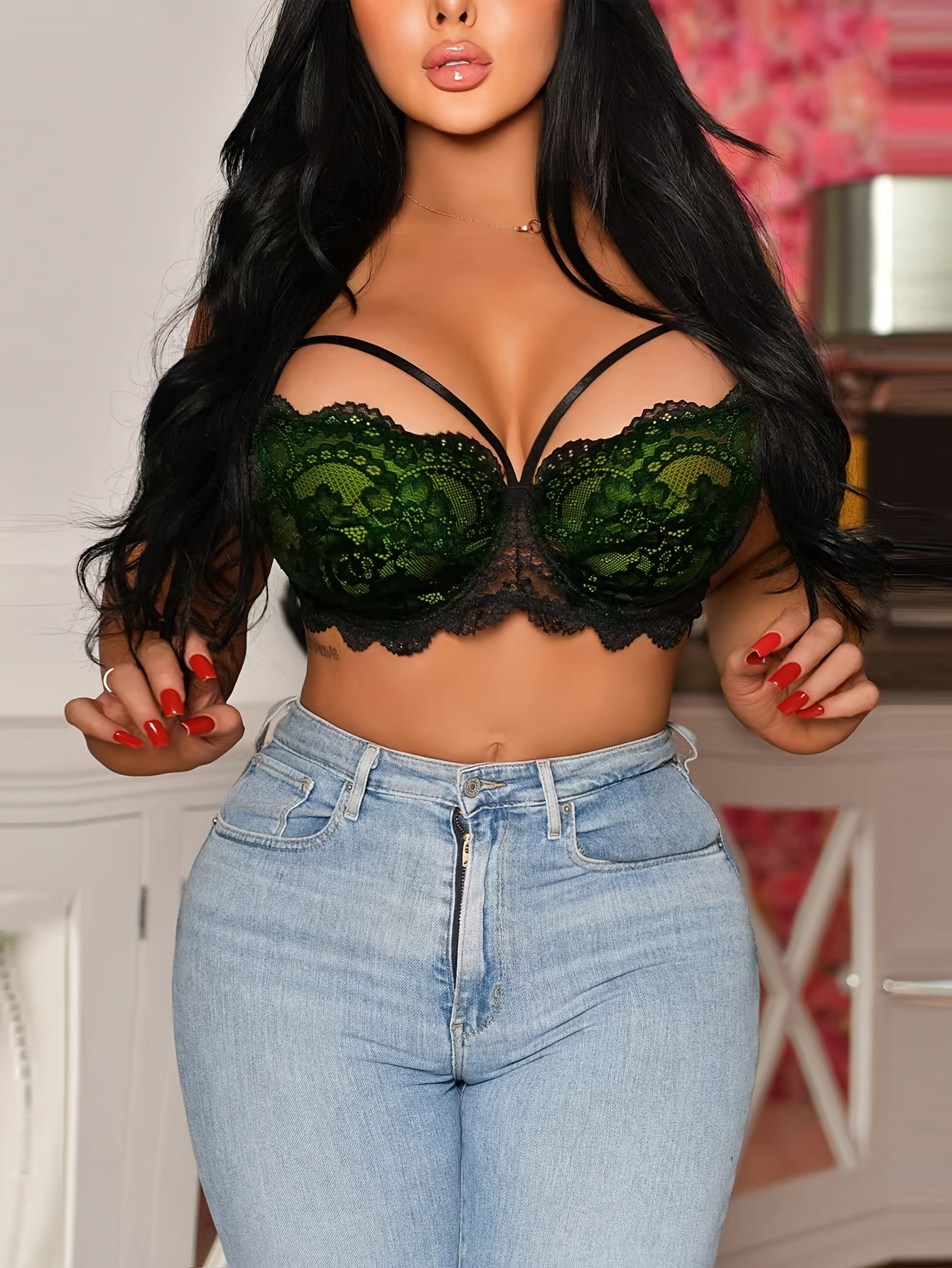 Women'S Plus Size Sexy Lace-Encrusted Push-Up Bra - Soft, Non-Padded Underwire Design with Contrast Lace Detail, Breathable & Comfortable for Casual Attir