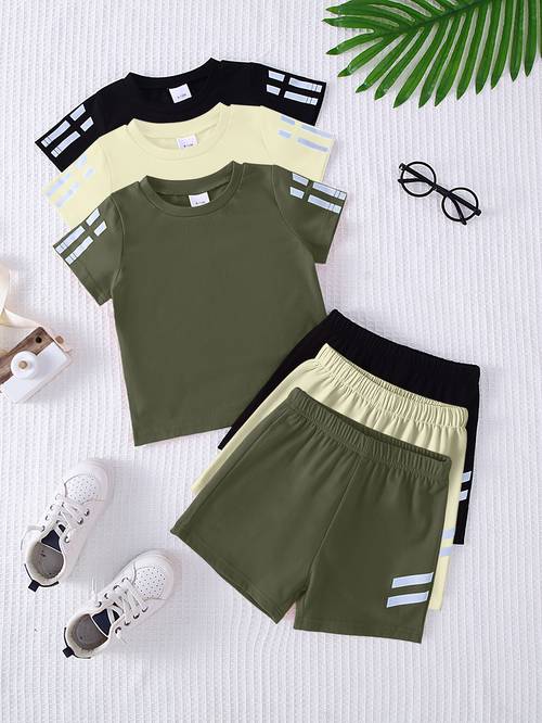six piece set of boys sporty solid and comfortable knit fabric short sleeve t shirt and shorts outfit