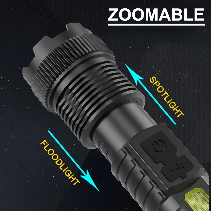 Buy 1 Get 1 Free, Total of 2pcs Multifunctional Flashlights High Lumens Rechargeable LED Battery Powered with 6 Light Modes, Cob Side Light, USB C, Zoomable, Powerful Handheld Flash Lights Perfect for Emergency, Camping, Outdoor Adventures, IP44