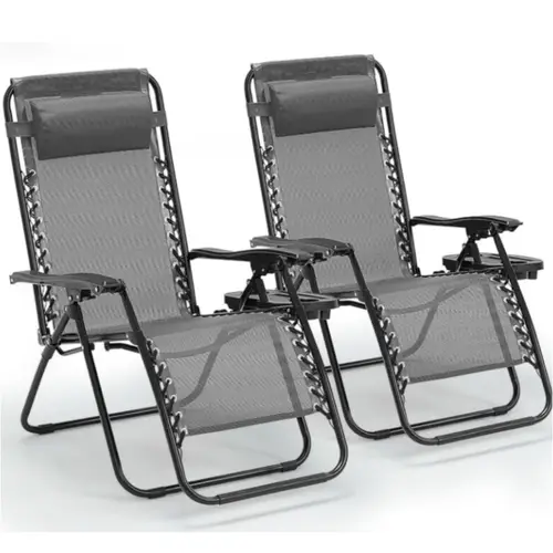 zero gravity chair set of 2 folding reclining zero gravity recliner lounge chair 330lbs with pillow and cup holder trays steel mesh outdoor recliners for patio poolside backyard beach gray