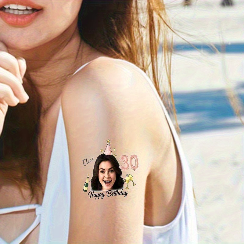 TEMU 16pcs Autocollants Tatouage Temporaire Personnalisés 30e Anniversaire - Nom et Âge (Exemple : Ella) avec Chapeau de Fête, 30, Ballons et