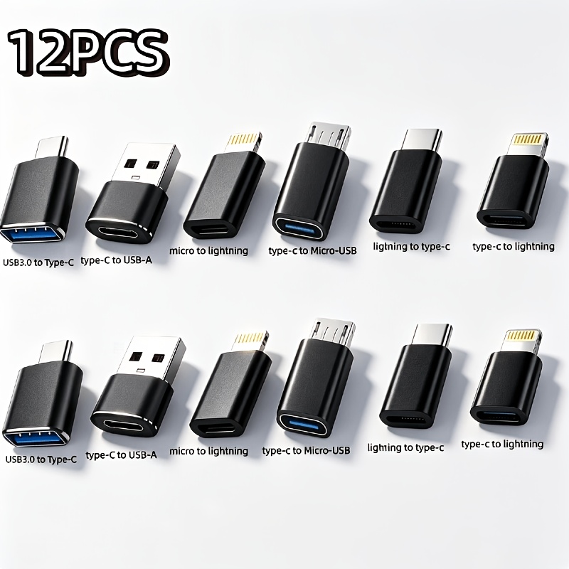 TEMU Kit d'adaptateurs de charge 6/12pcs, ensemble convertisseur USB-C Lightning Micro USB , chargement et synchronisation des données pour iPhone, ,