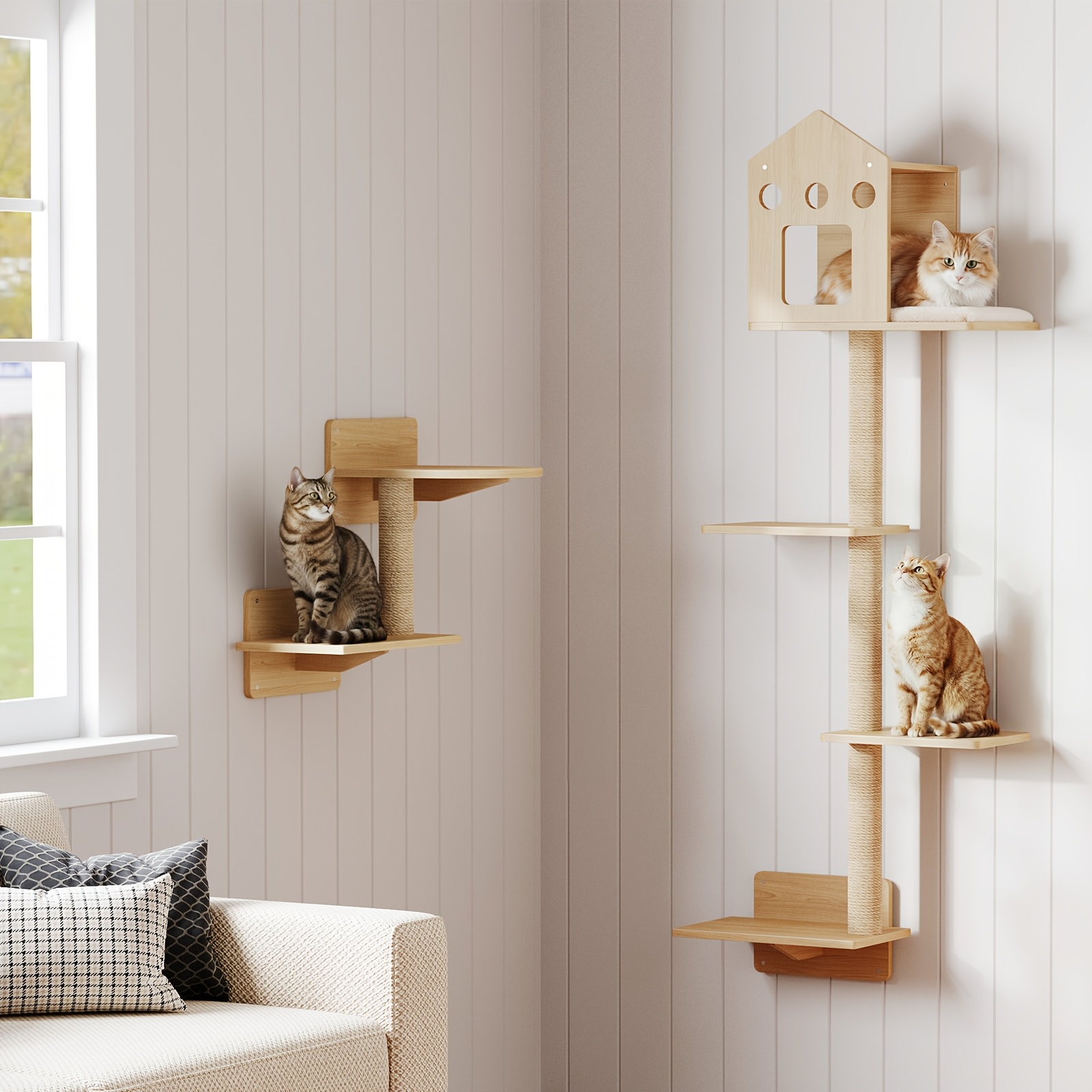 Cat Wall Shelf, 2pcs Cat Wall Furniture Set, Cat Wall-mounted Furniture, Indoor Cat Furniture, Includes 1 Cat House, 4 Cat Steps, 4 Cat Scratching Posts, And 1 Tower.
