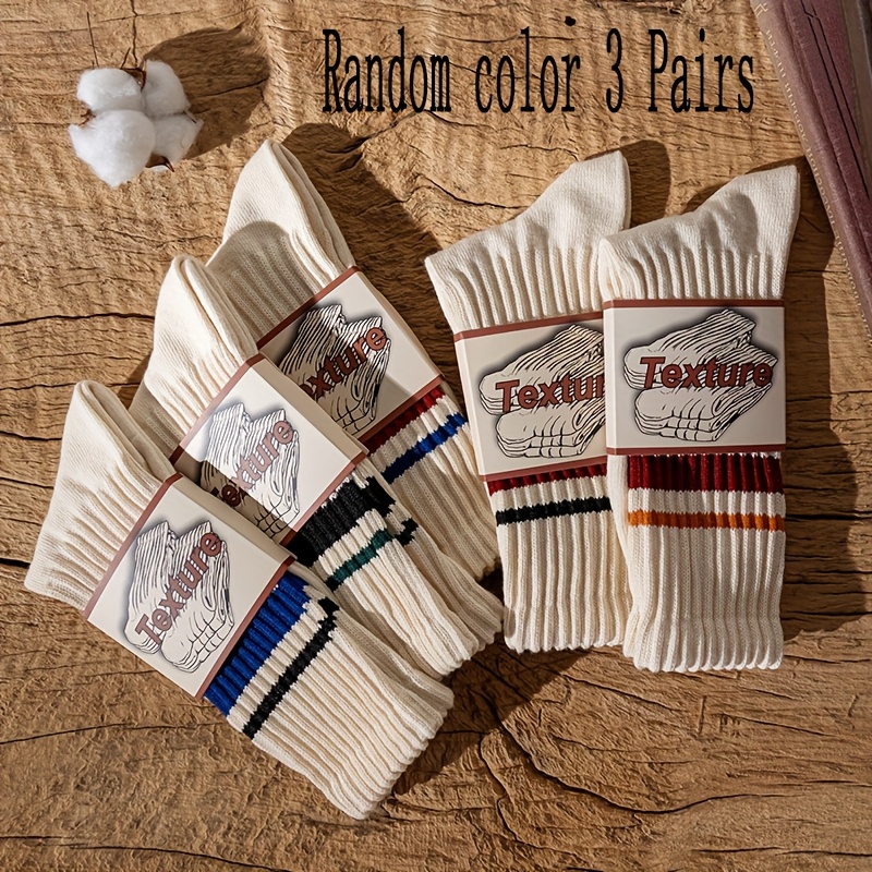 Image of 3 Pairs Of Random Striped Socks Men's Long Socks, Summer, Autumn And Winter Men's Sweat Absorption, Casual Wear, Socks, , , Breathable Fabric, , Basic Socks, Men's Shoes, Men's Fashion