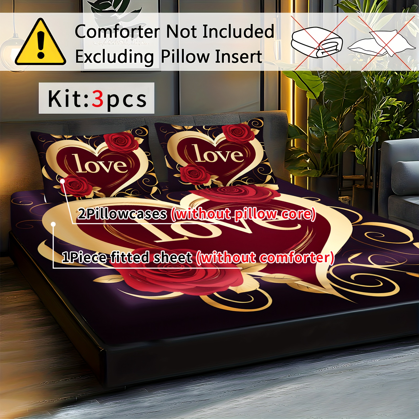 TEMU Set Of 3 Love-themed Fitted Sheets Featuring Red And Designs With Roses, Made From Breathable Polyester, Machine Washable For Use, Perfect For