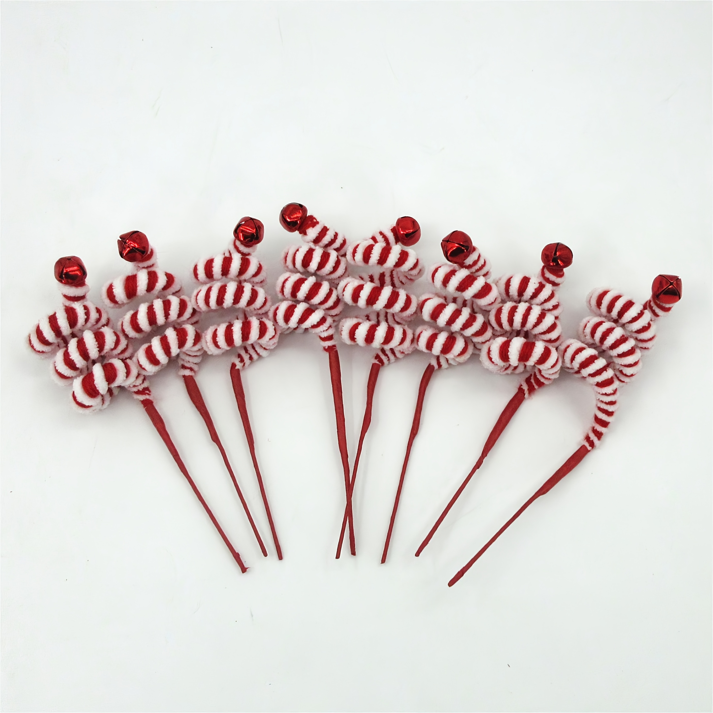 Image of 14in~20in (8pcs/bag) Red/white Chenille Picks With Bells, Suitable For Birthday Party Decorations, Perfect For Home Decor, Elegant Decorations For Hotels, And Elegant Decorations For Stores