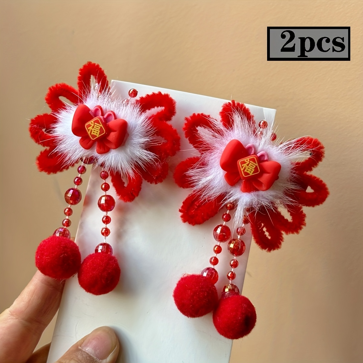 E-shop 2 Stk. Neujahrs-Quasten-Haarspangen mit roter Schleife, Plüsch-Top-Clips für Damen, Samtblumen-Haarspangen, Haarschmuck für das chinesische