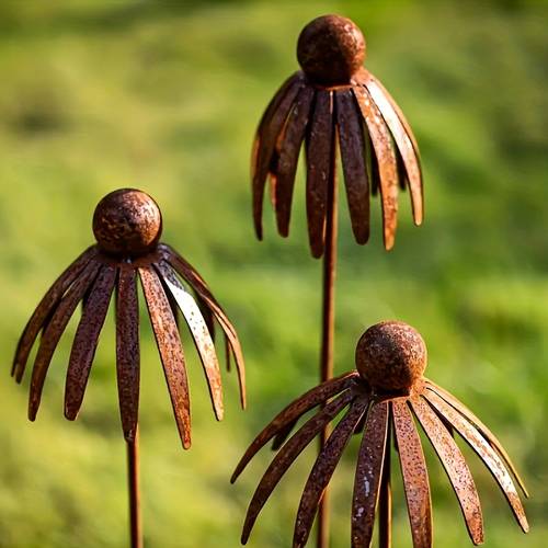 3 modern garden stake rustic brown outdoor decoration sturdy ground tower with leaf shaped top and spherical beige metal plant suitable for flower pots patios