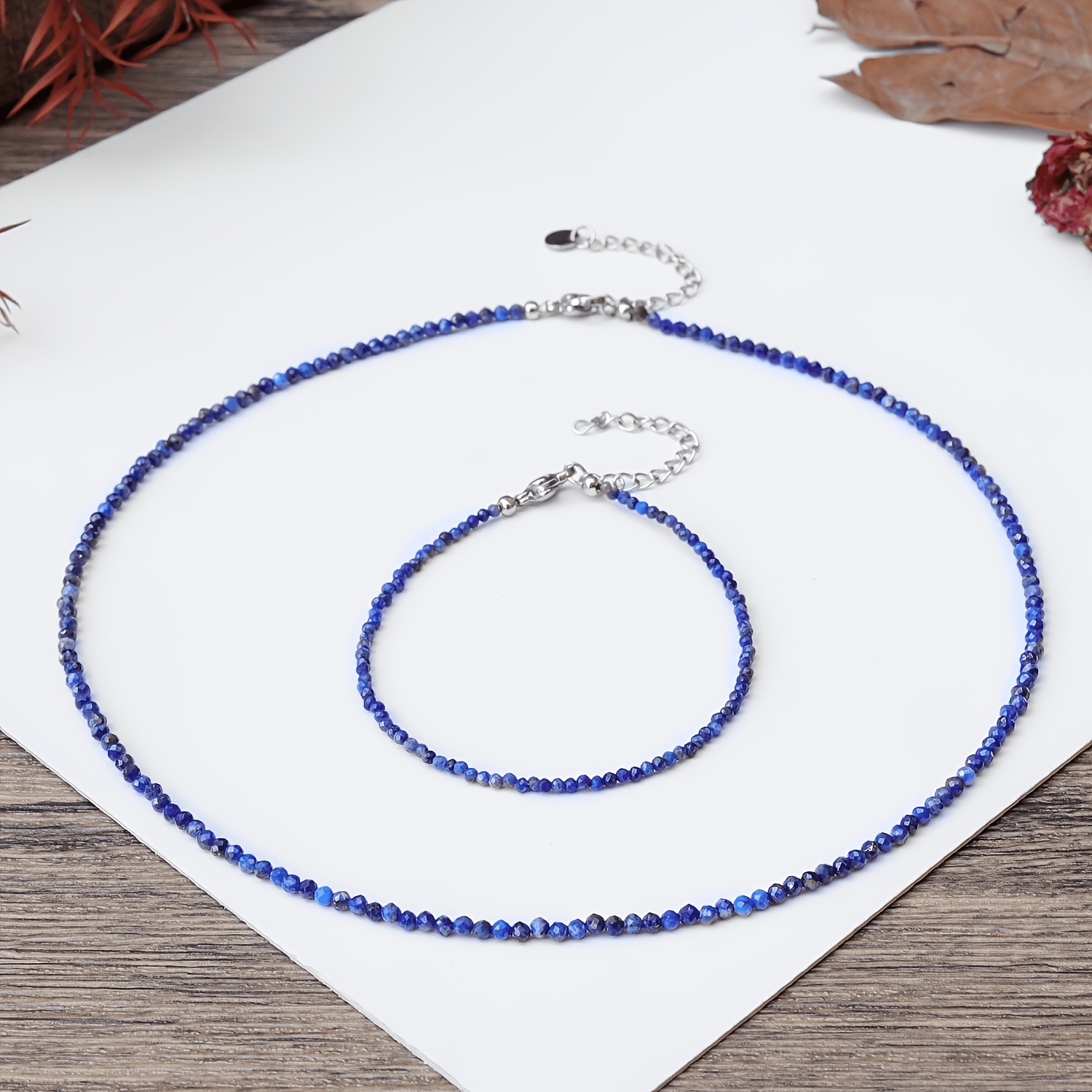 TEMU Ensemble minimaliste 2 pièces - faceté de 2 mm - Unisexe, bijoux de luxe en lapis-, convient pour un usage et comme cadeau