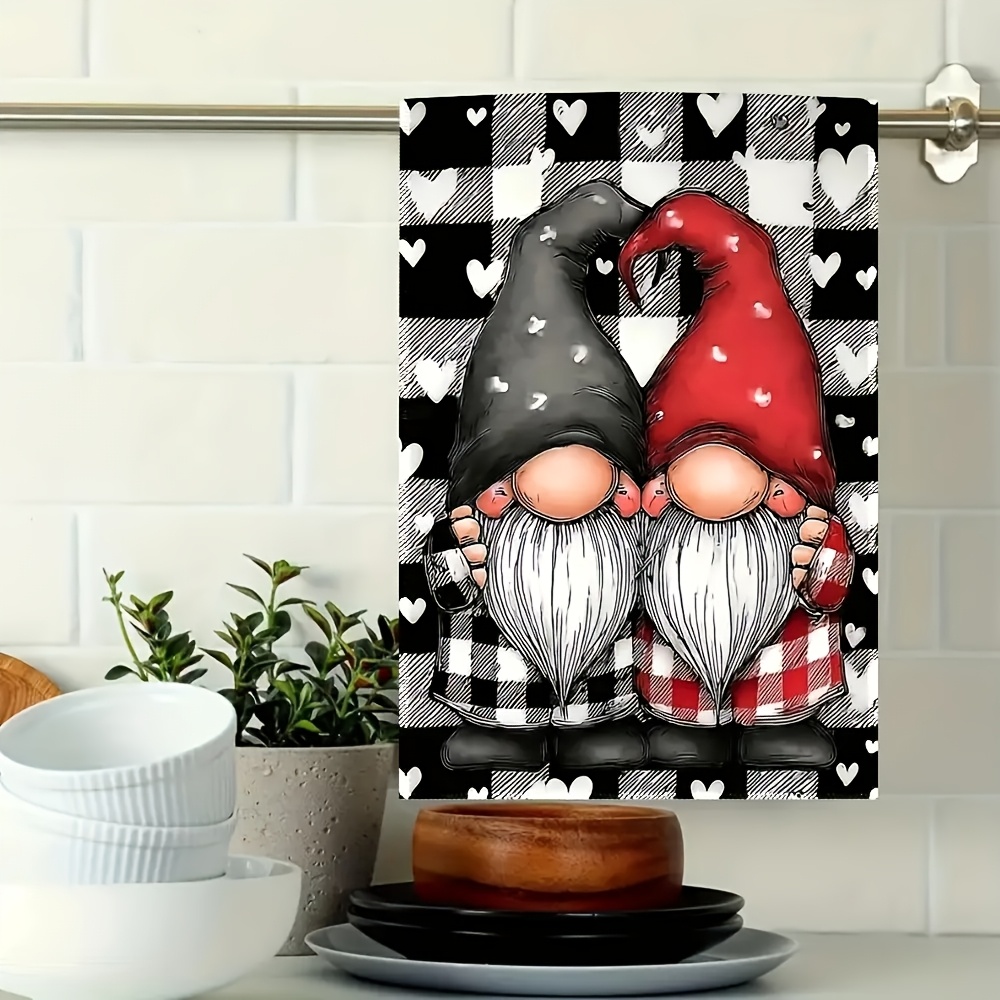 TEMU 1pc,,polyester Single Sided Funny Kitchen Towel,retro Heart Dwarf Elf Checkered,absorbent,tea Towels, Cleaning Towels, Dish Towels, Tea Towels,
