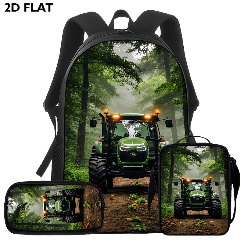 TEMU 3pcs Tractor Pattern Backpack Set (backpack, Crossbody Bag, Pencil Case) 2d Flat Printing, Suitable For Daily And Outdoor Activities