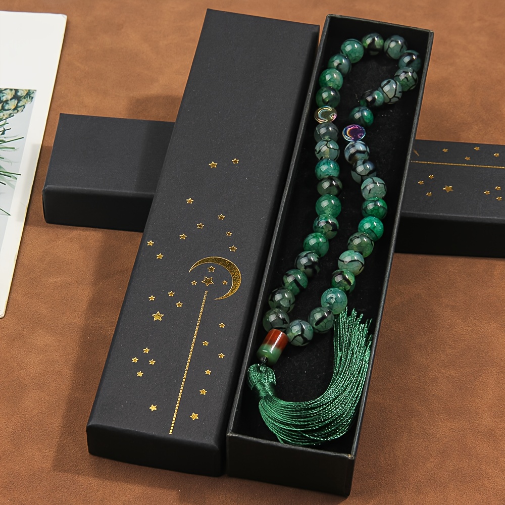Image of 33pcs 10mm Agate Bead Misbaha Tasbih Bracelet With Green Tassel Pendant Beads Bracelet - Ideal Gift For Eid, Ramadan - Suitable For And Dhikr - For Daily - With Elegant Gift Box