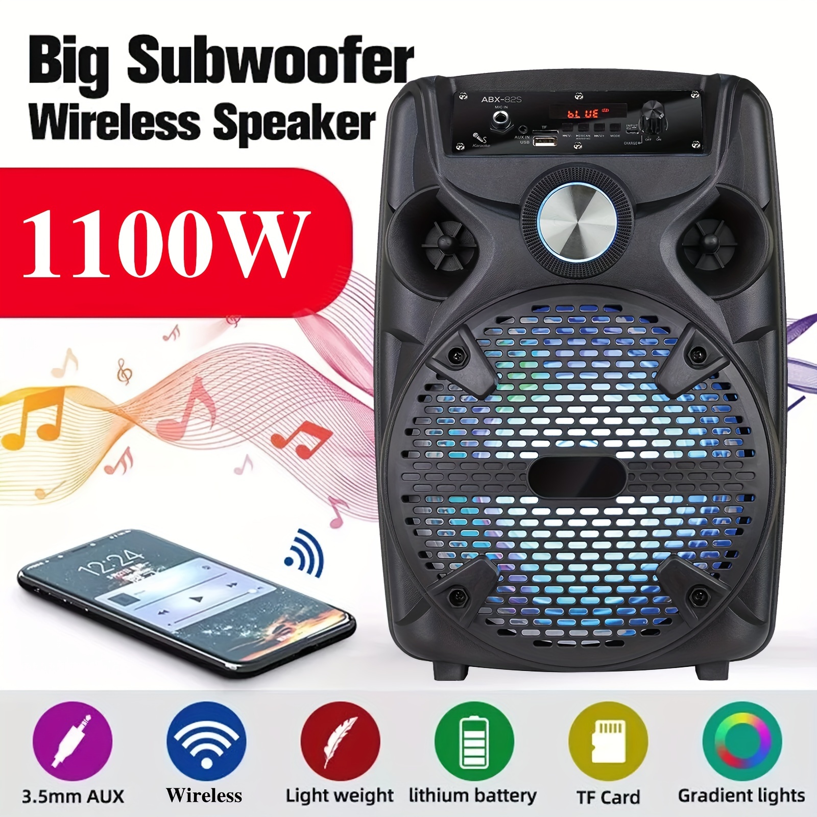 

1100w Portable Wireless Pa - 8" Subwoofer, Compatible , . Led , 1800mah Rechargeable Battery. W/ Usb Sd Mp3 Aux - 35mm , 1 Stand & 1 .