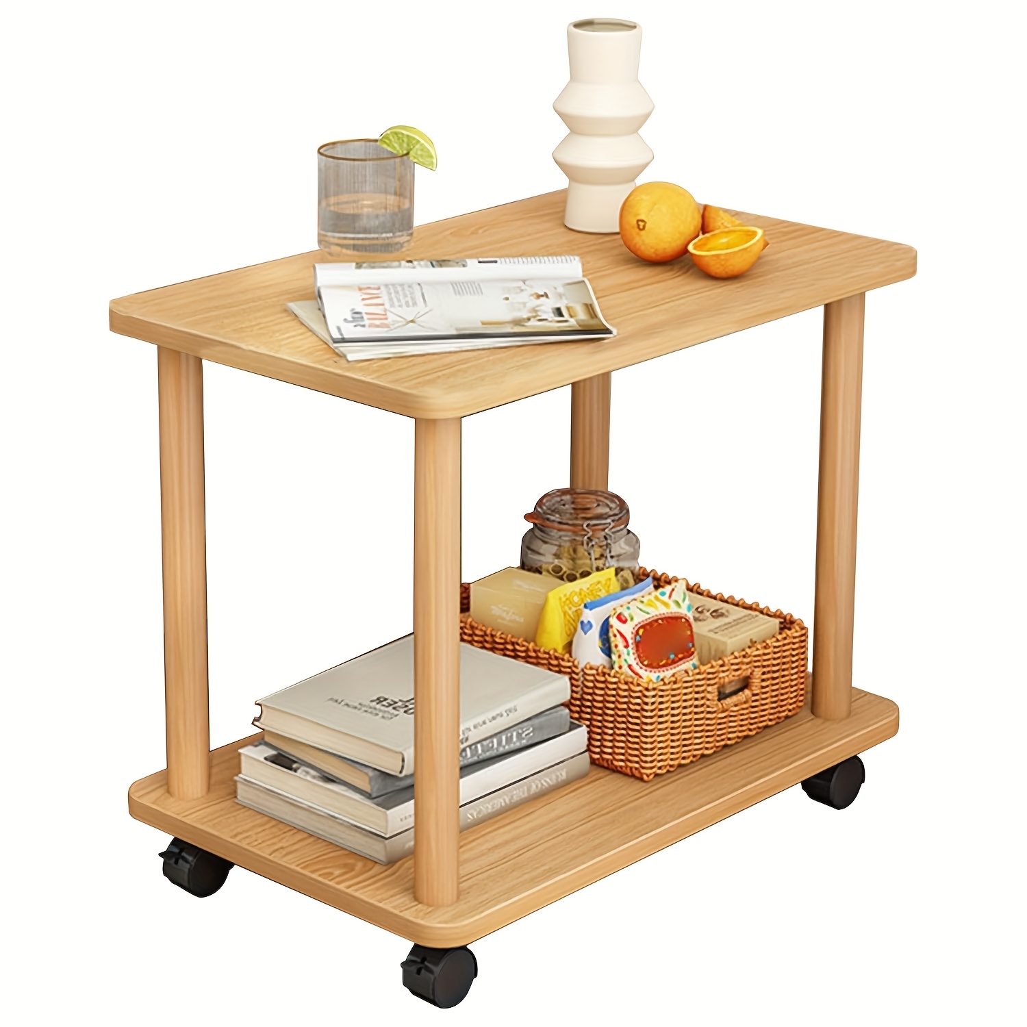 A Two-tier Solid Wood Side Table, Optional With Casters Or Fixed Legs, Used As A Coffee Table/bedside Table, Suitable For Living Room, Bedroom, Or Balcony Sofa Table, 60 X 40 X 53 Cm