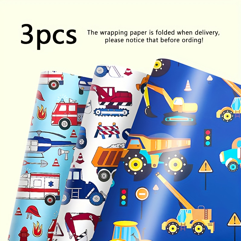 E-shop 3er-Set Auto-Themen Geschenkpapier mit Motiven von Baggern, Krankenwagen und Lastwagen, 50x70 cm, geeignet für Geburtstagsgeschenke, Partys,