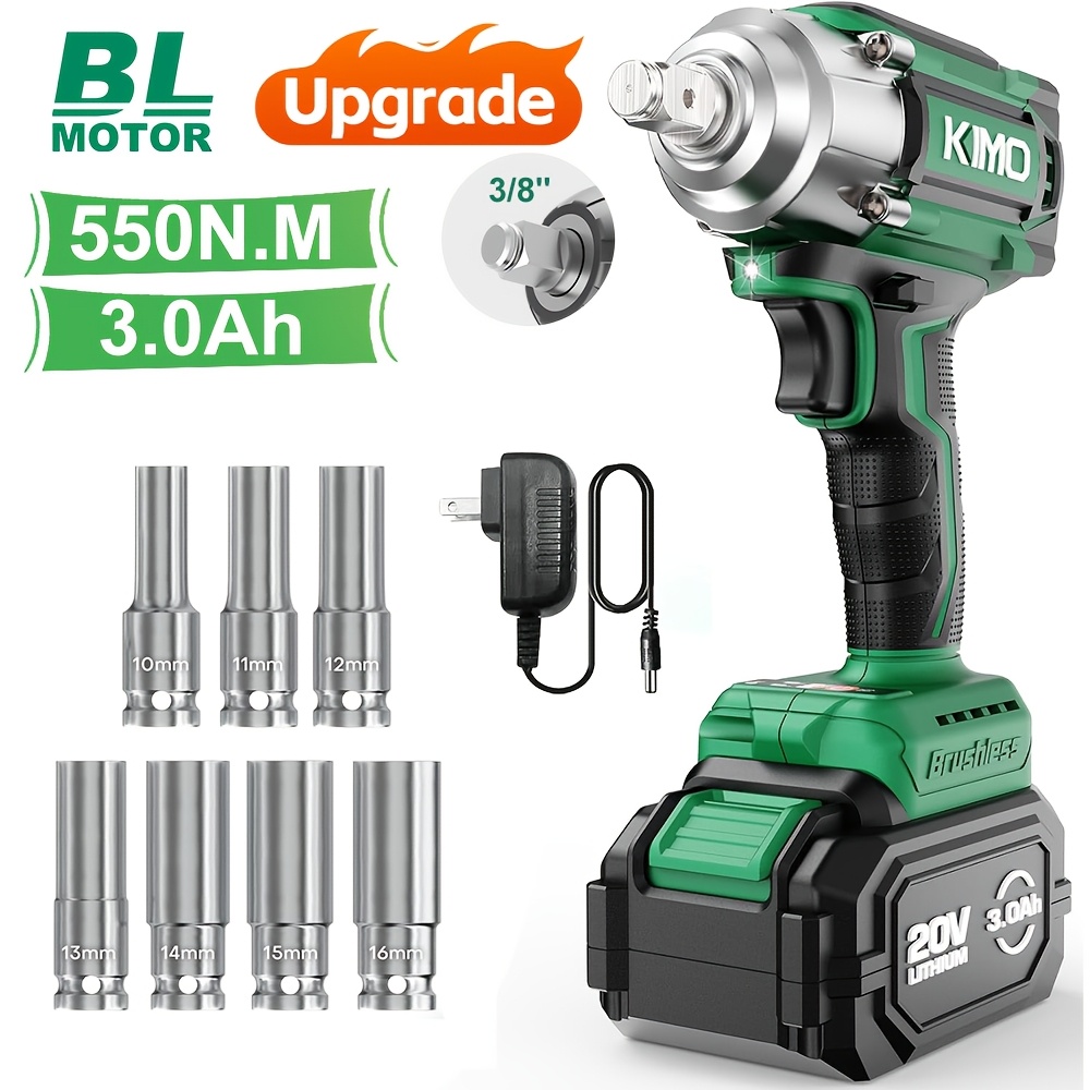 

Kimo 20v Cordless Impact Wrench Set, Brushless Impact Wrench With 3/8" , 4900in-lbs(550n.m) 3000 Rpm, 3.0li-, Charger, 7 Sockets, Power Impact Wrench For Home Car