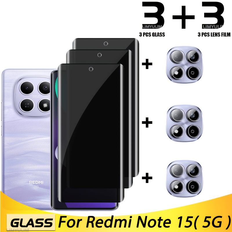 TEMU 6pcs(3 3) Suitable For Xiaomi Redmi Note 15( 5g) Glass Curved Full Cover Screen Protector Privacy Tempered Glass For Redmi Note 15 Camera Lens