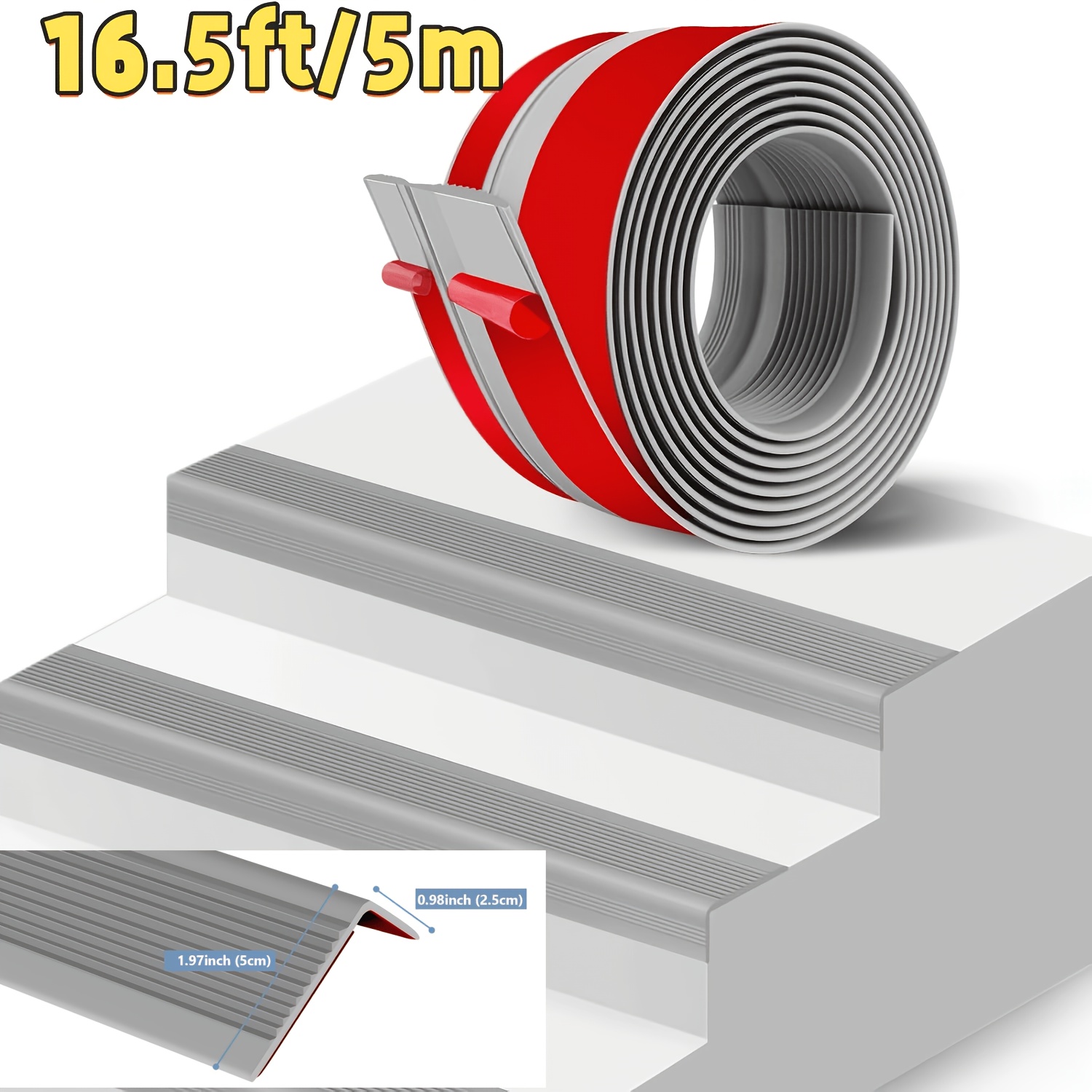 Image of 1 Roll 16.5 Feet Self-adhesive Pvc Stair Tread Nose Strip, Stair Step Edge Protector, Suitable For Indoor And Outdoor Stair Noses, Anti-slip, Waterproof, And Wear-resistant, Gray, 16.5 Feet