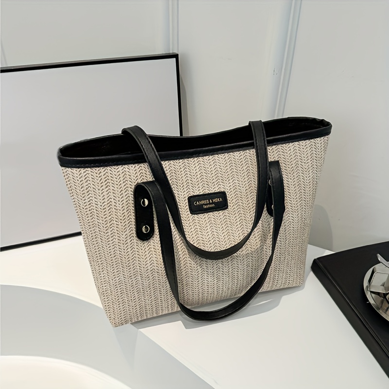 

Large Capacity Women's Tote Bag, Straw Texture, Casual Style, Shoulder Beach Bag With Durable Handles