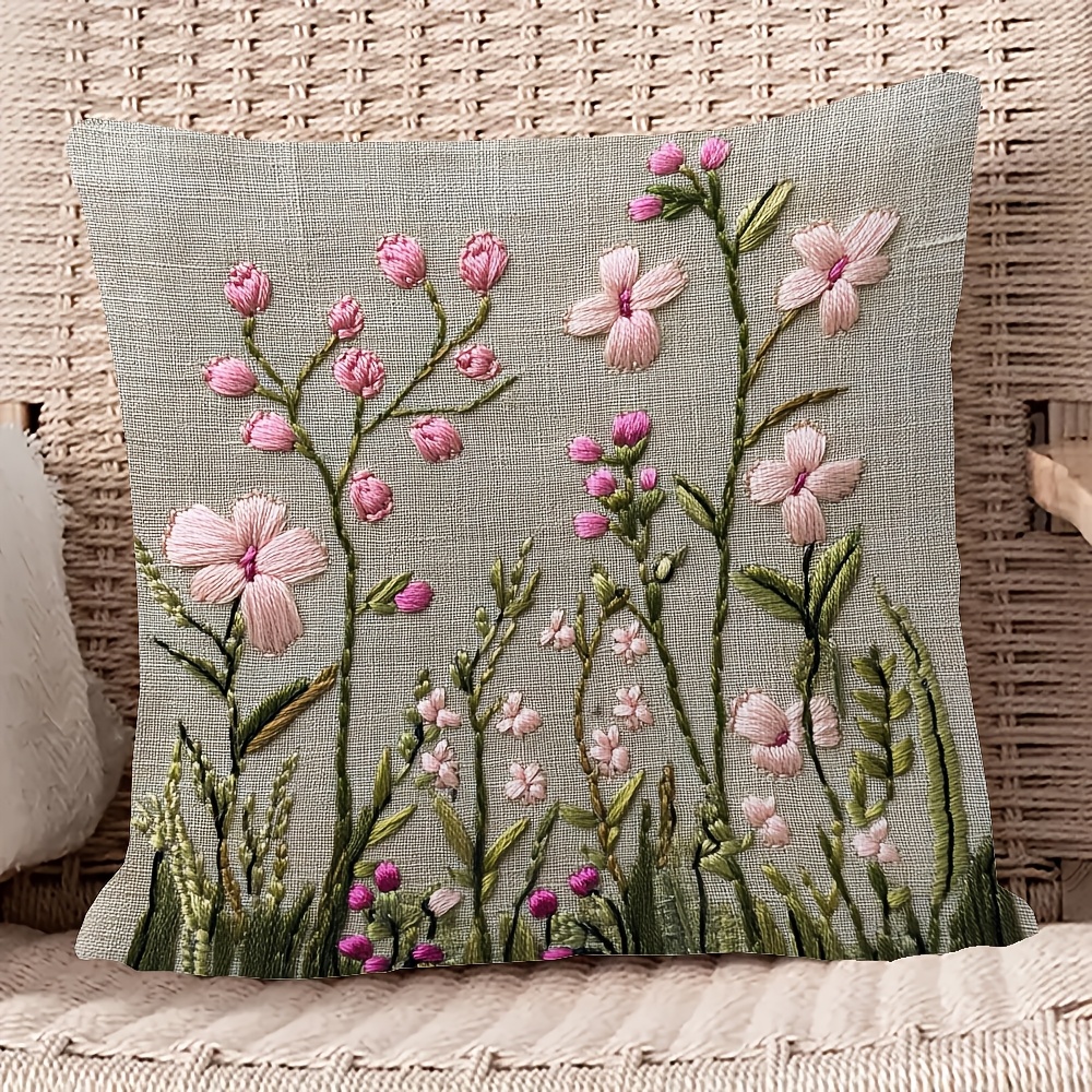 

1pc Vintage Style Embroidered Throw Pillow Cover, 18x18 Inch, Woven Polyester, Hand Wash Only, With Pink Design, For Decor - Twinflower Linnea Floral Pattern (cover Only, No Insert)