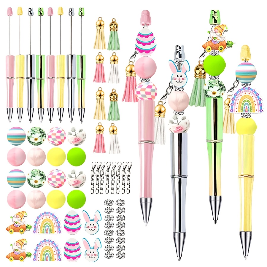 

64pcs Easter-themed Ballpoint Pen Bead Kit - Silicone Charms With Rabbits, Gnomes & Carrots - 1mm Pens For Creative Diy Office, School & , Beaded Pen Supplies