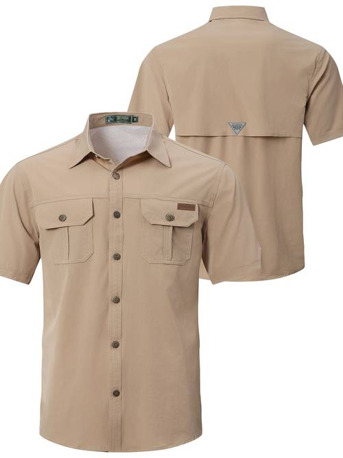 item picture mens khaki style short sleeve shirt elastic button up collar multiple work pockets durable retro outdoor shirt for camping hiking streetwear casual activities camping shirt hiking apparel nontransparent fabric