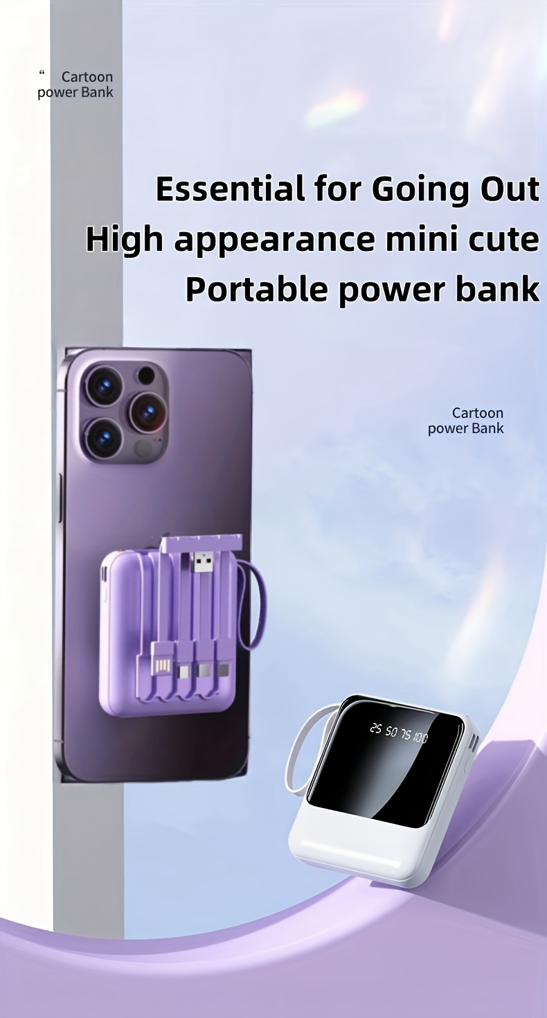 10000mah capacity small size big power this mini portable power bank features a with a built in 4 in 1 multifunction cable supporting 5v2a fast charging   travel business keeping your devices powered   valentines day gift Product details 0