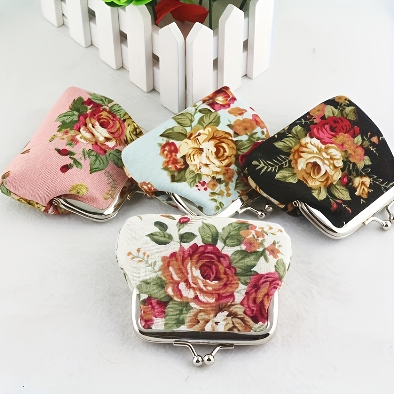 

4-pack Vintage Floral Print Coin Purses, Polyester Canvas With Kiss Lock Closure, Small Makeup Bags For Daily Use, Party Favors, And Gifts - Women's Fashion Accessories