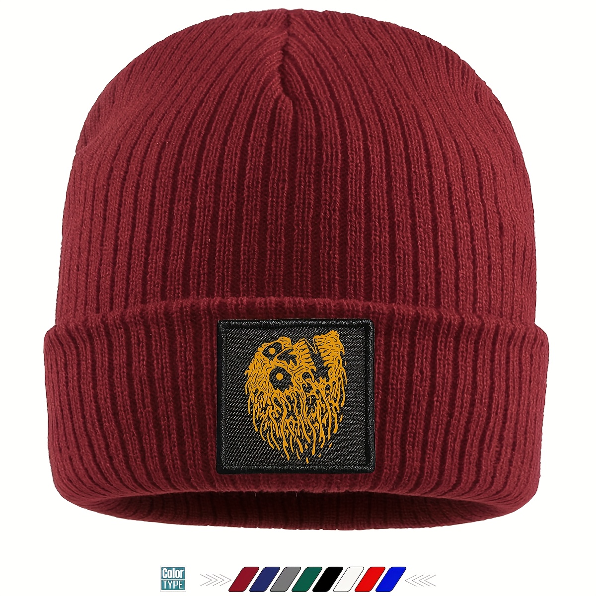 TEMU Winter Acrylic Knit Beanie With Skull Print Patch, Men Women Trendy Cool Slouchy , Dad Warm Beanie, Beautiful Halloween Gift For Outdoor Travel,