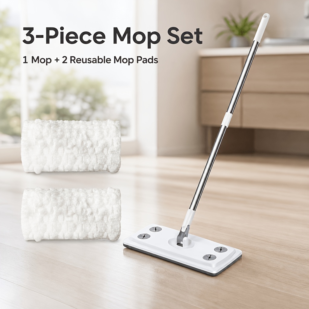 TEMU 3pcs Set: Wet And Dry Dual-use Floor Mop With 2 Replacement Pads, Non-woven Detachable And Washable Mop Cloth, Suitable For Bathrooms, Kitchens,