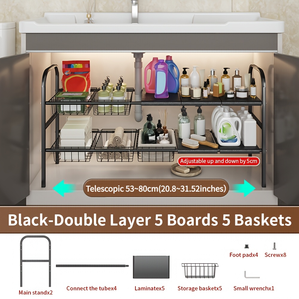 TEMU Kitchen Storage Rack, Bathroom Storage Rack, 1 Expandable Under Sink Organizer & Locker 2 Tier Cabinet Shelf Organizer With 5 Removable Panels 5