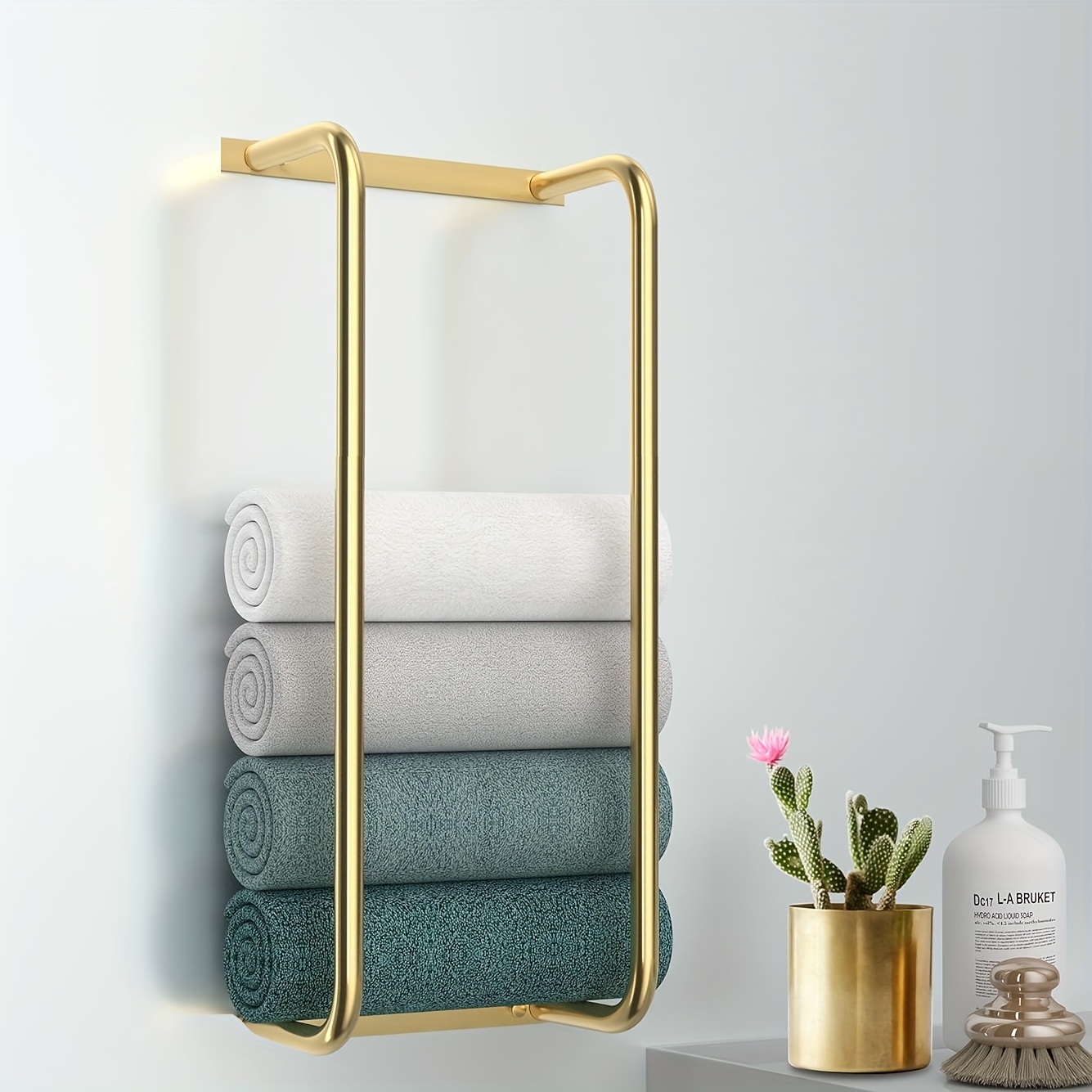 TEMU Elegant Golden Wall-mounted Towel Rack With Rolled Towels - Sleek For Small Bathrooms, Space- Organizer With Soft Lighting, Bathroom