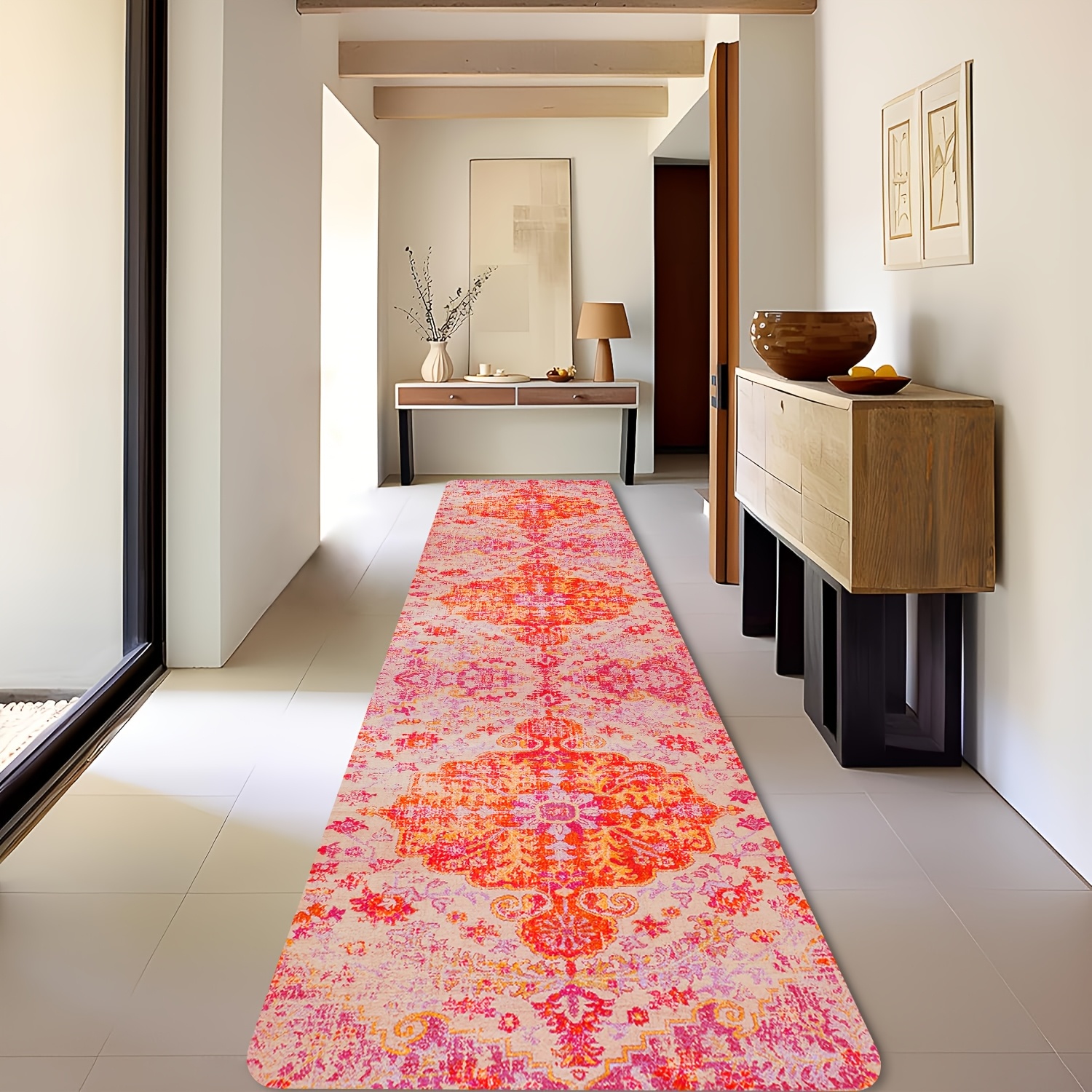 Image of 1pc Vintage Boho Hallway Runner Rug, Persian Long Rug, Non-slip Laundry Room Mat, Soft Non Shedding Washable Bed Rug, Long Rug For Entryway Bedroom Kitchen Bathroom