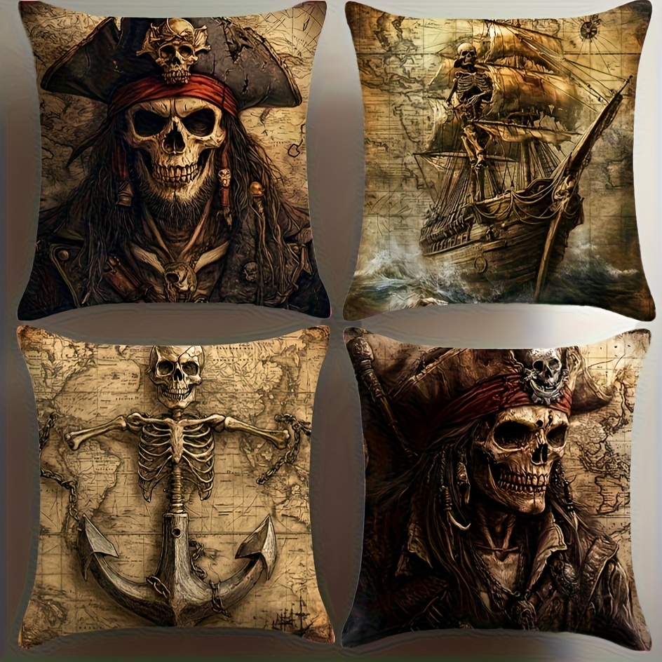 TEMU 4pcs Housses de Coussin Décoratives d'Été à Motif de Crâne de Pirate, Design Créatif pour Canapé, Taille 17,72*17,72, Lavage à Uniquement -