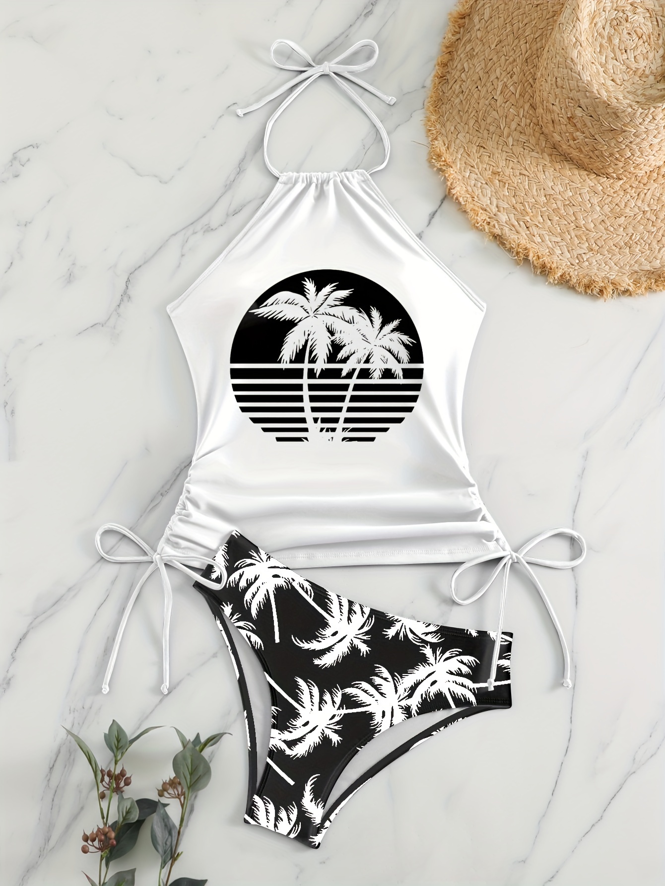 Coconut Tree Sunset Pattern Drawstring 2 Piece Set Swimsuit, Halter Tie  Neck Backless Stretchy Low Waist Bathing Suit For Beach Pool, Women's  Swimwear
