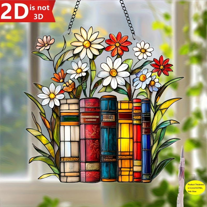 TEMU 2d Flat, 2d Flat Printing Floral And Book Acrylic Light 8inch X 8inch- Colorful Window Hanging Decor For Home, Office, And Garden Ideal Gift For Book Lovers, 2d Flat