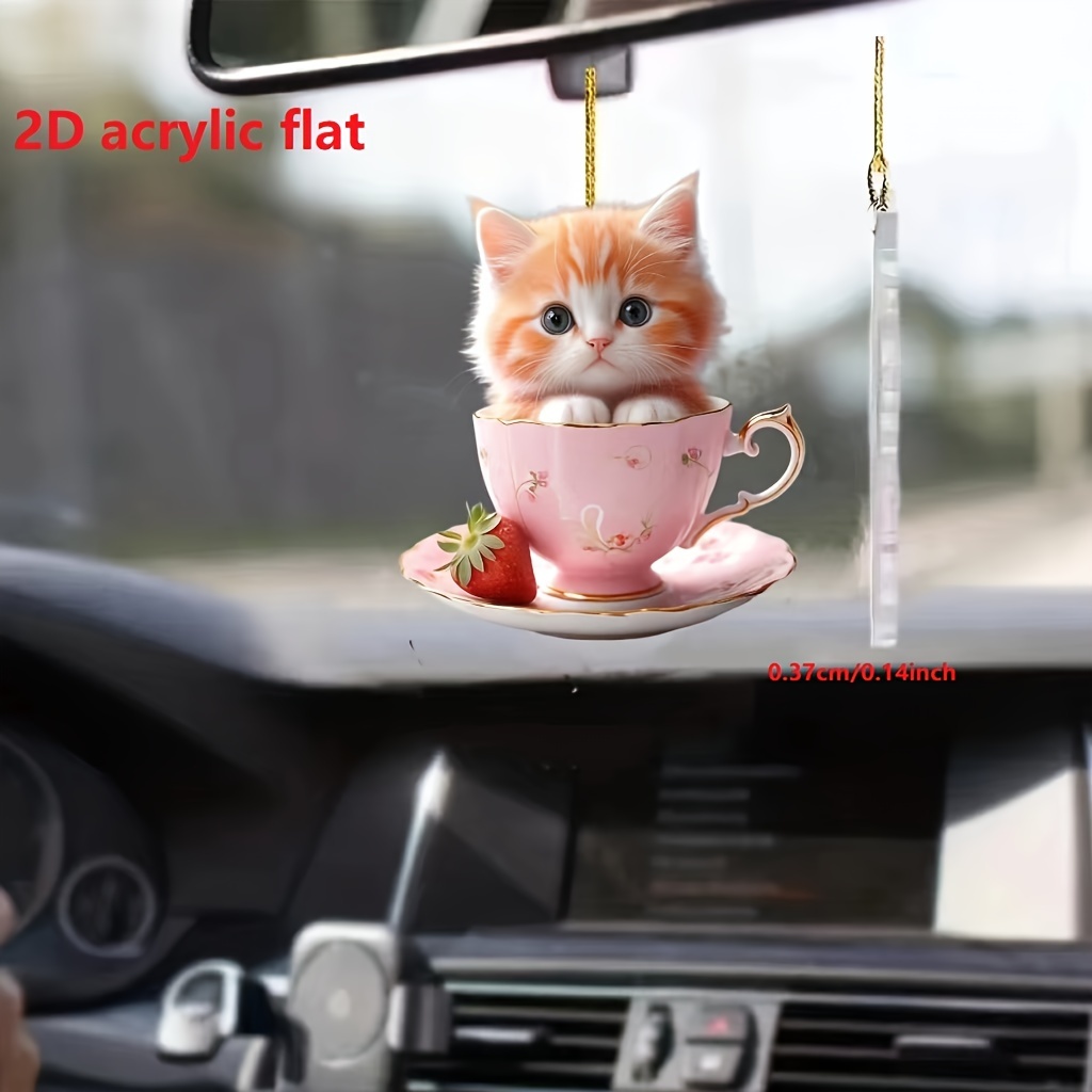 

1pc, 2d Acrylic Cute Cup Kitten Car Rearview Mirror Decoration Pendant, Bag Keychain Ornament, Home Decoration Pendant