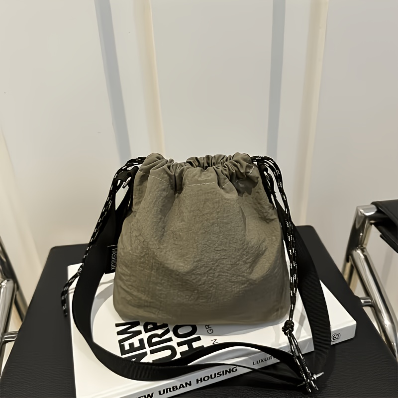 TEMU Bolso de y ajustable para mujer - Diseño plisado de gran capacidad, material de nailon duradero con cierre de cordón y color sólido fácil de