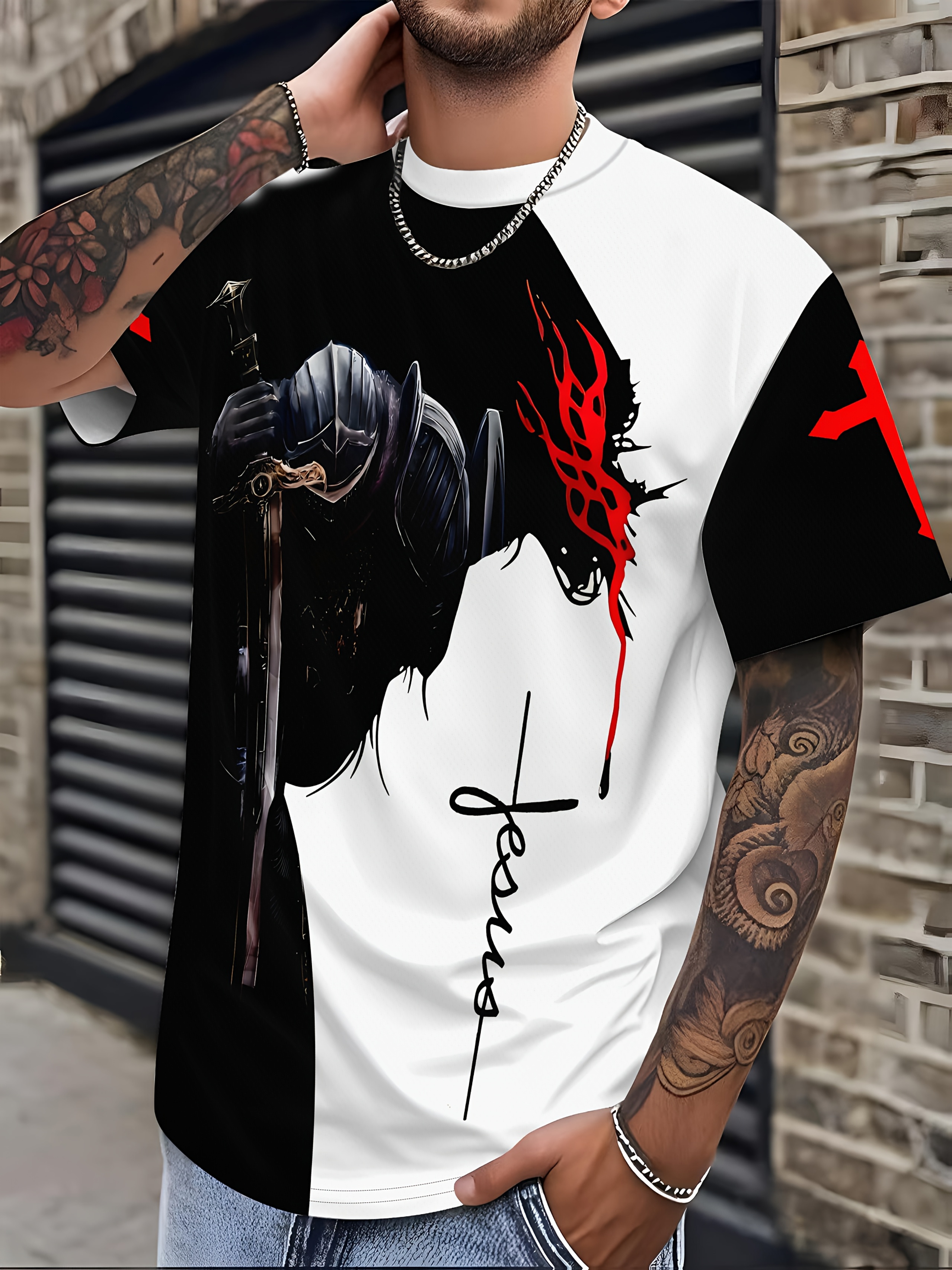 mens graphic t shirt black white anime   with sword wielding character red black artwork casual crew neck short sleeve regular fit anime t shirts character apparel   print top detailed print quality