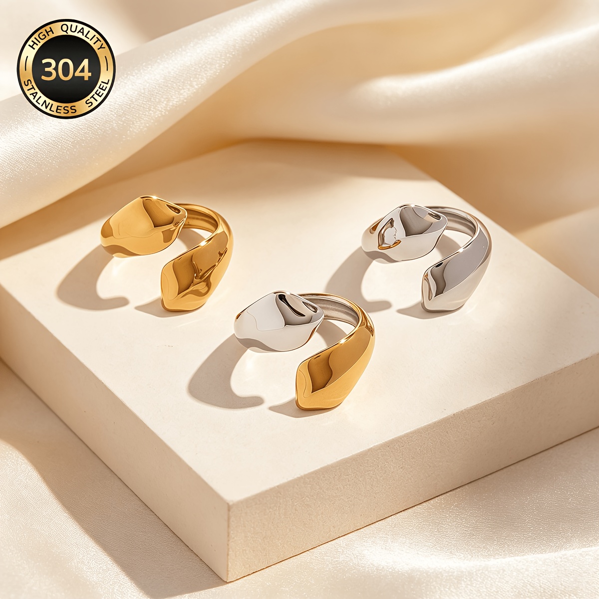 Women's Irregular Wave Open Ring, Two-Tone Design