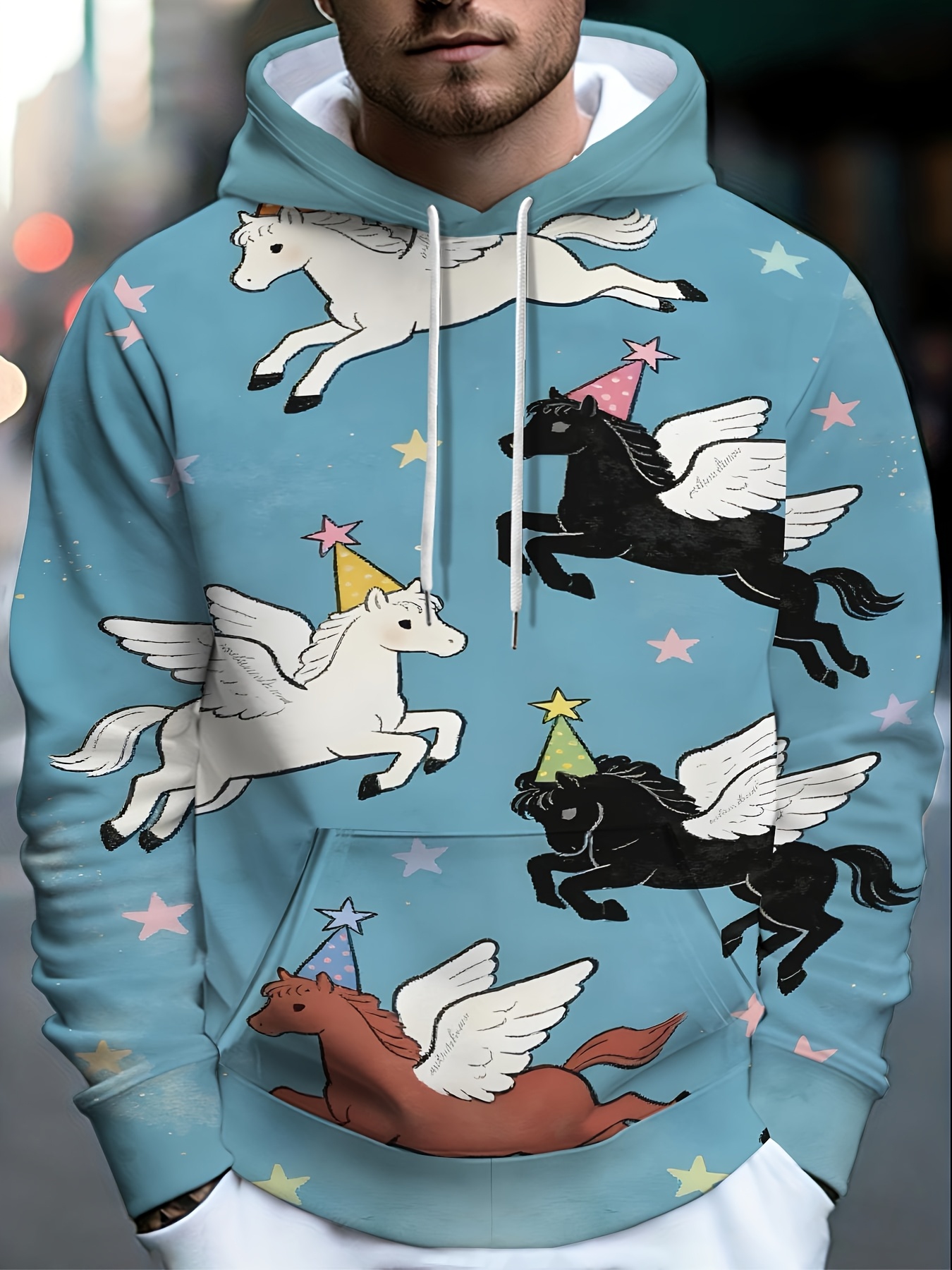 item picture printed design not textured mens hooded sweatshirt light blue cartoon   and stars print for birthday parties casual and daily wear
