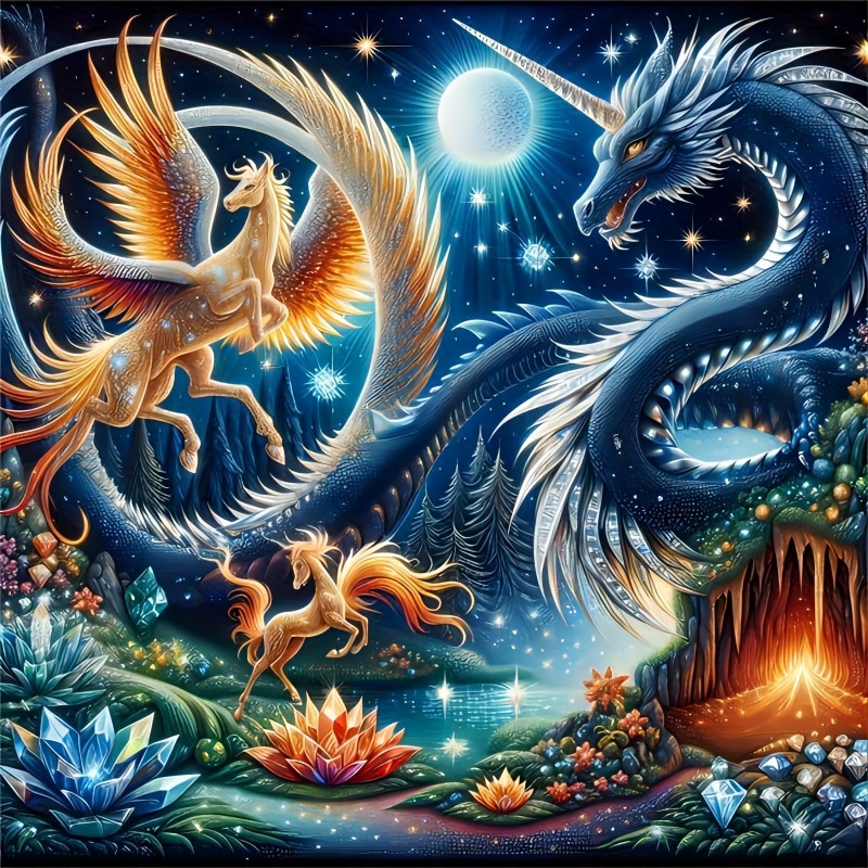 

5d Diy Diamond Painting Kit - Mythical And Dragon - Round Full Drill Canvas, Cross Stitch Embroidery Art Craft For Home Decor, Ideal Gift For Beginners And Craft Lovers