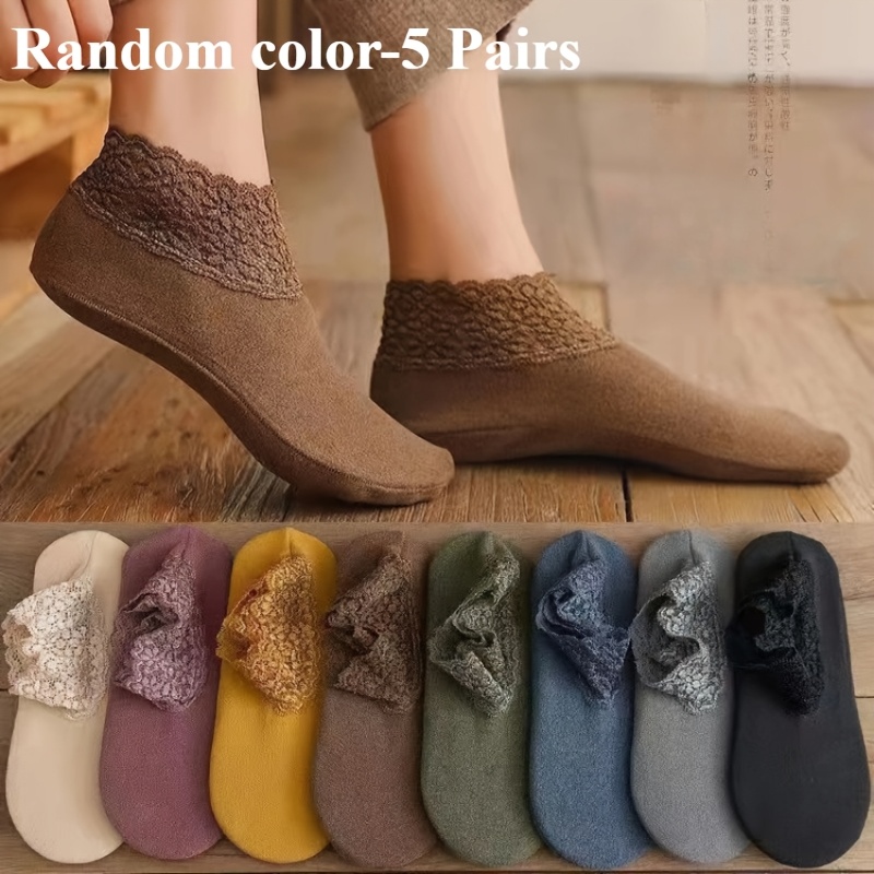 Random Pairs Women's Lace Trim Casual Ankle Socks, Non-slip Cozy Winter Silicone Socks, Elegant Slipper Socks