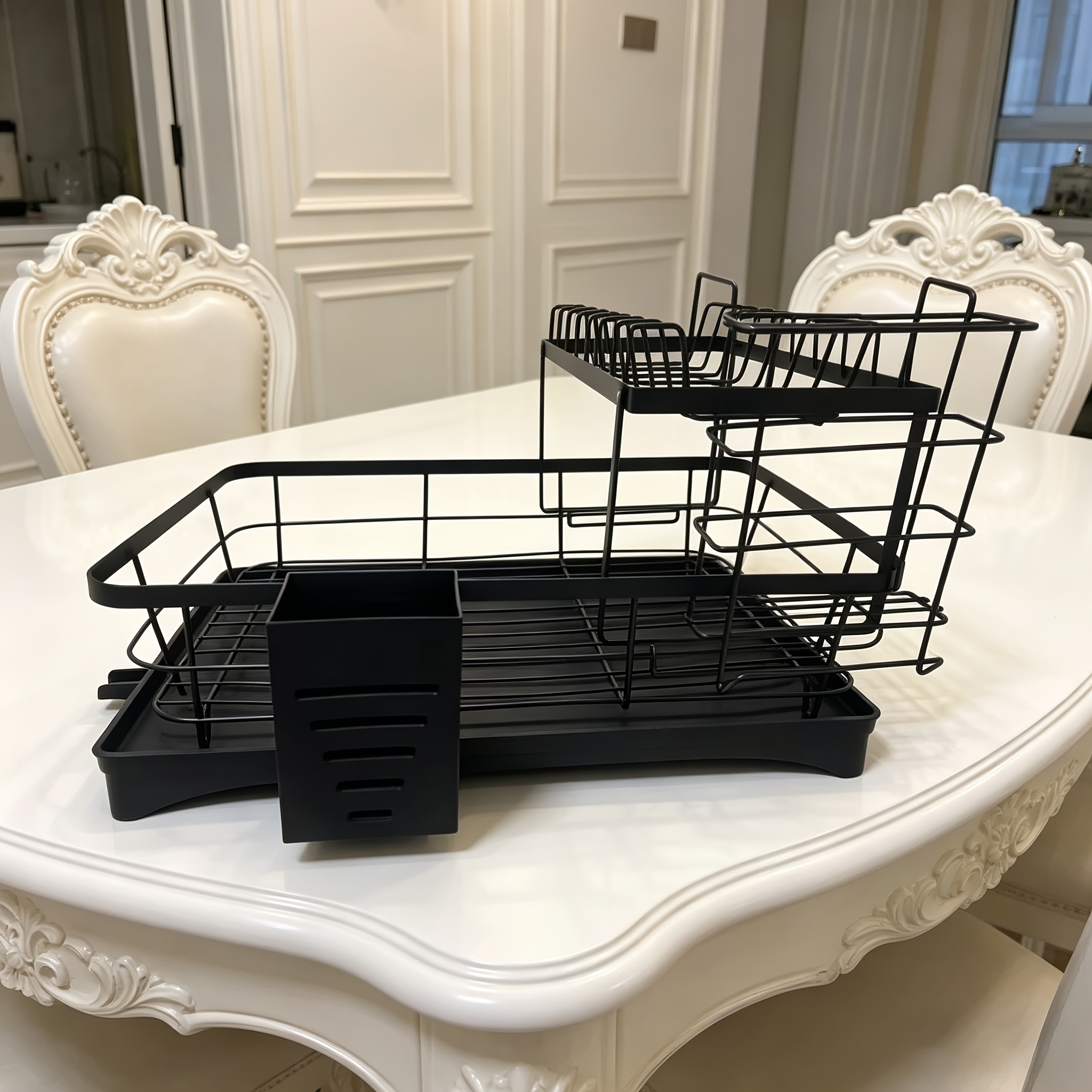 Detachable Double Layer Dish Drying Rack, Rustproof Kitchen Dish Organizer With Utensil Holder And Drain Tray, Large Capacity Plate Rack For Countertop, Kitchen Storage Additions