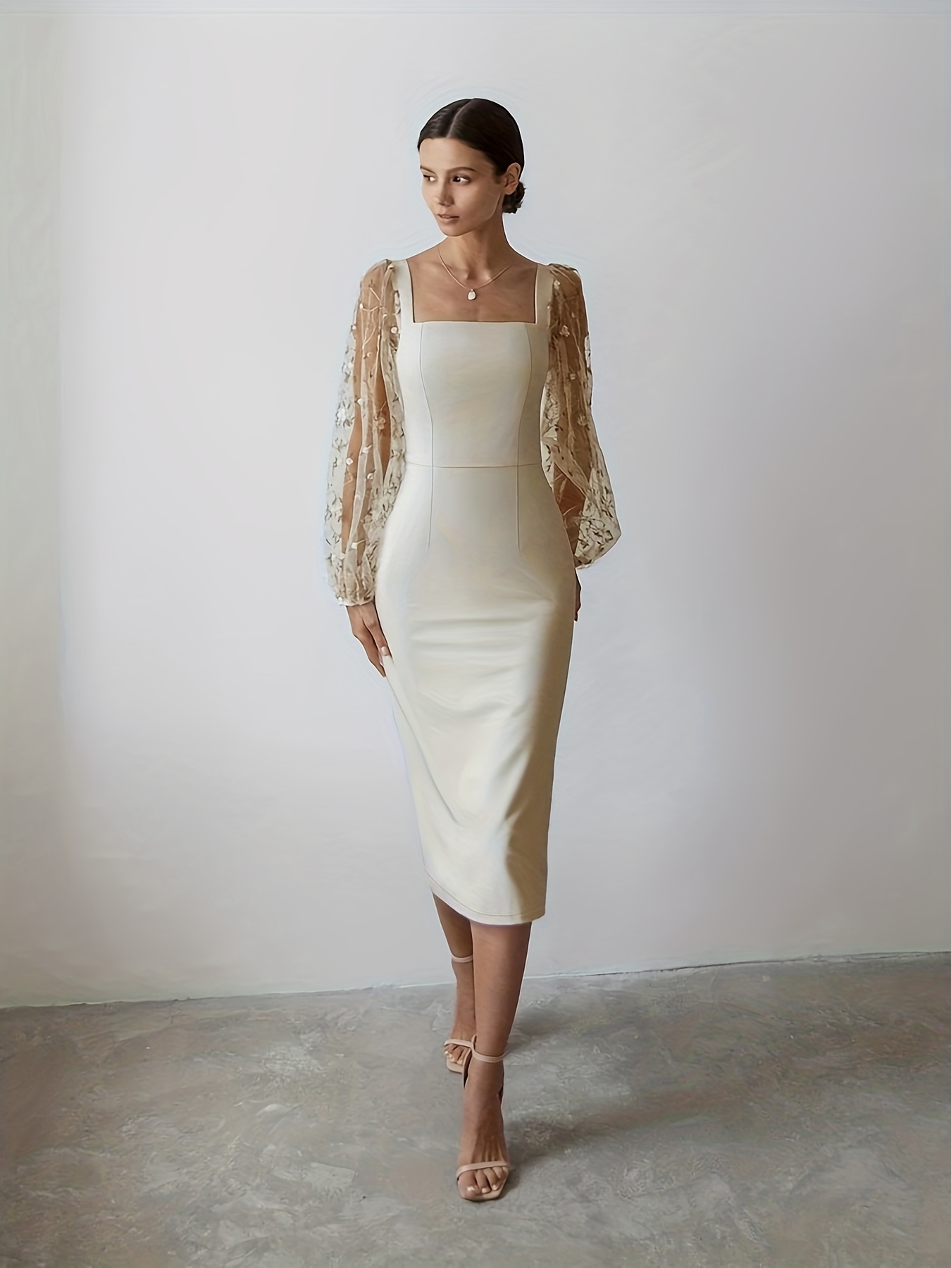 Women'S Elegant Beige Formal party dress - Square neck, Bodycon fit, Zipper  back, for Wedding, Gala, Prom, Evening Events - Spring/Summer Formal  Attire, Wedding Dresses, Wedding Guest Outfit, ...