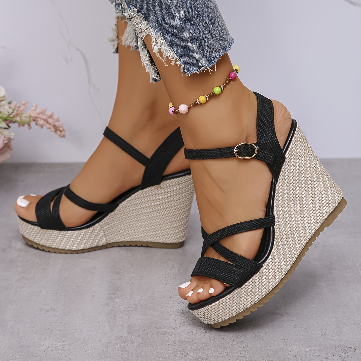 Women's Black Wedge Sandals - Thick Platform Open-Toe Summer Shoes with Ankle Strap, Breathable Fabric Upper & Non-Slip Rubber Sole for Casual Outings, Beach, Office, Ladies Shoes And Sandals, Beach Footwear, Crisscross Ankle Straps, Comfortable Fit